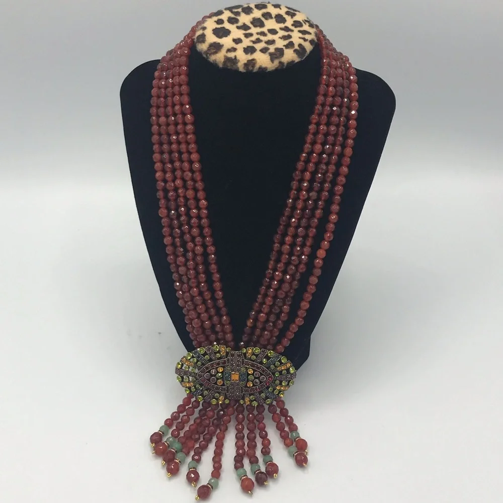 Heidi Daus Carnelian Multi Strand Crystal Tassel Necklace NIB - Picture 1 of 10